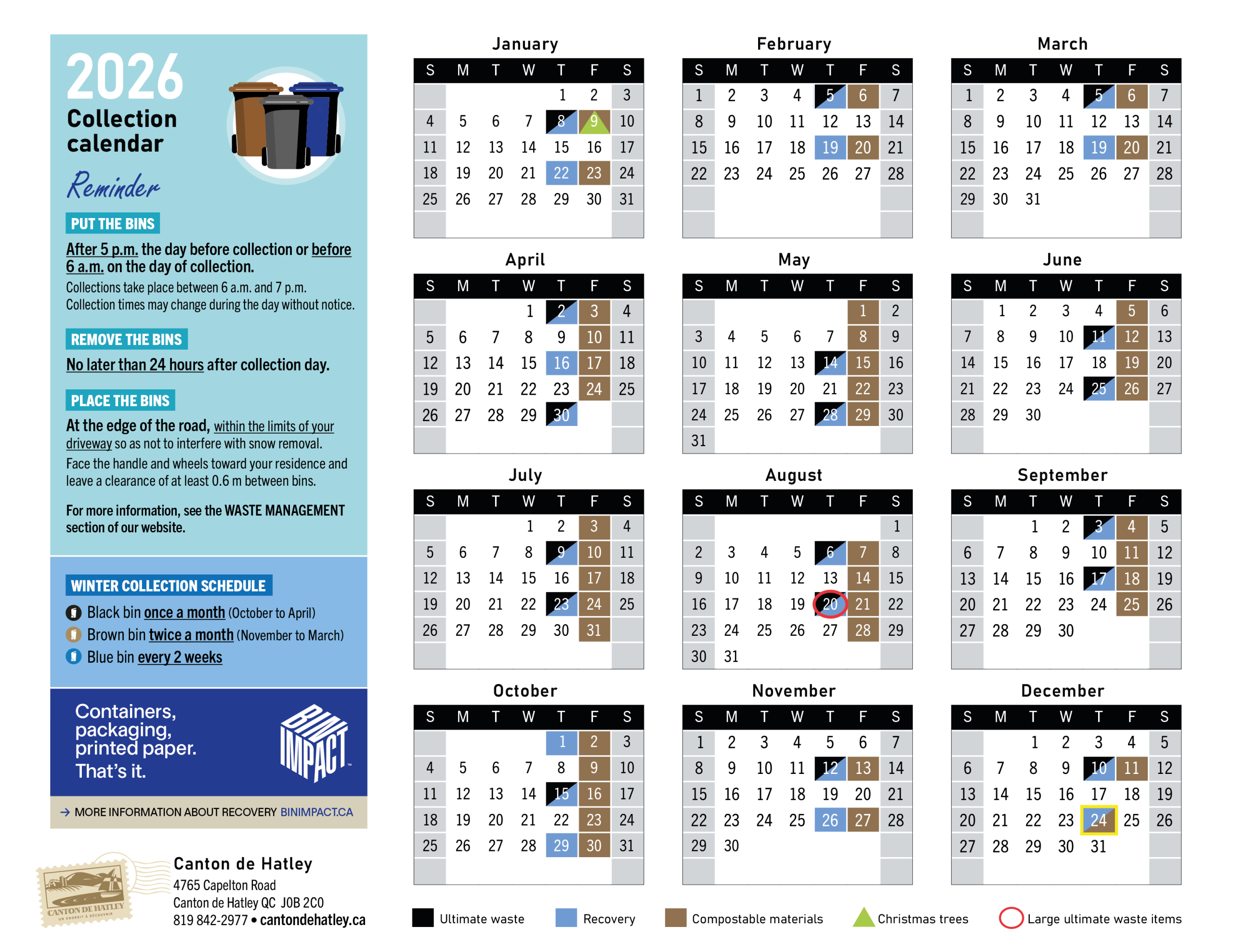 ガベージタイムGARBAGE TIME 1.2.3.4QUARTER　各１BOX Pick-up calendar - Canton de Hatley